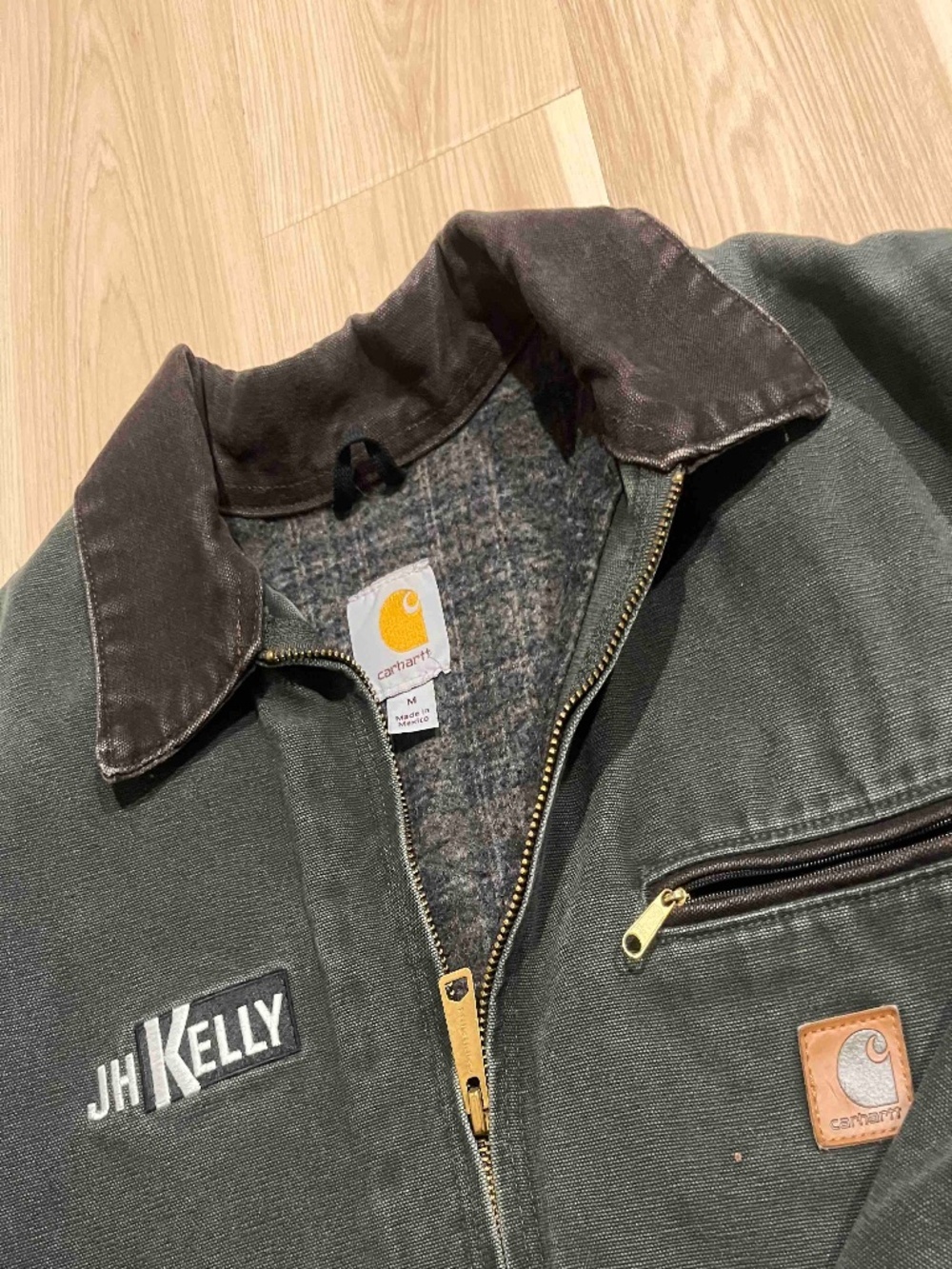 Vintage Carhartt Men's Faded Dark Green Blanket-Lined Detroit Jacket